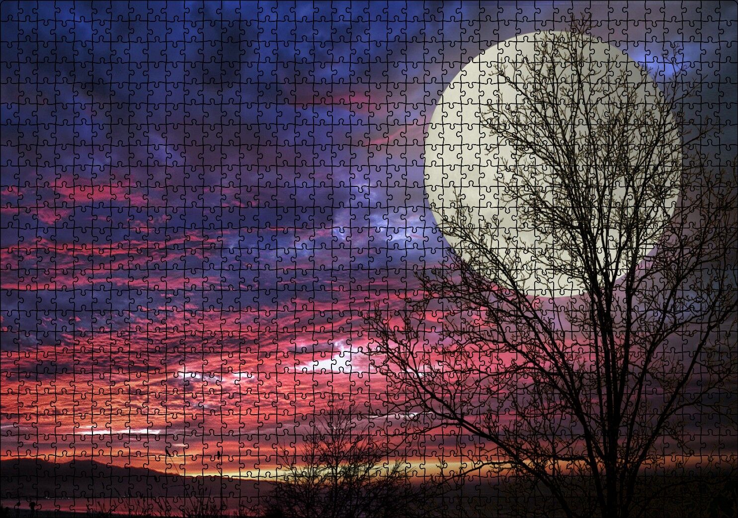 Kızıl Bulutlu Gökler, Çıplak Ağaçlar ve Süper Ay Puzzle Yapboz MDF Ahşap 1000 Parça 49 cm X 68 cm