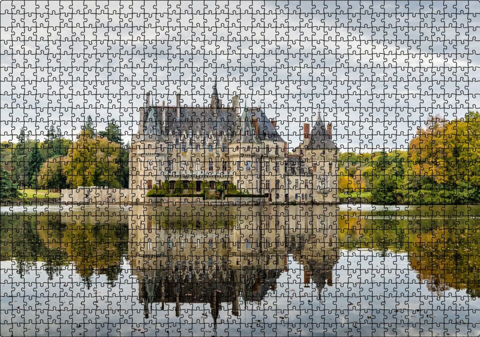 Göl Kıyısındaki Görkemli Şato ve Orman Puzzle Yapboz MDF Ahşap 1000 Parça 49 cm X 68 cm