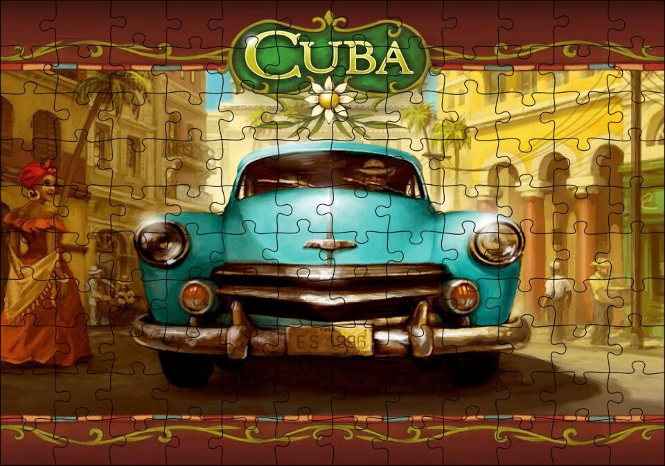 Küba Sokaklarında Klasik Yeşil Araç Puzzle Yapboz MDF Ahşap 120 Parça 24 cm X 34 cm