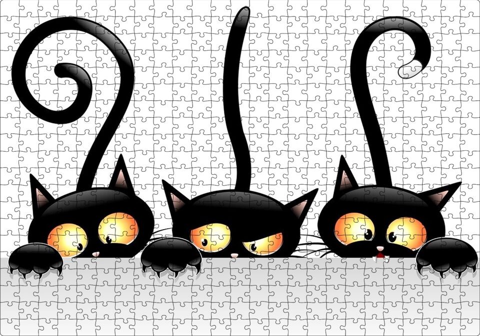 Komik Üç Kedi Görseli Puzzle Yapboz MDF Ahşap 500 Parça 49 cm X 68 cm