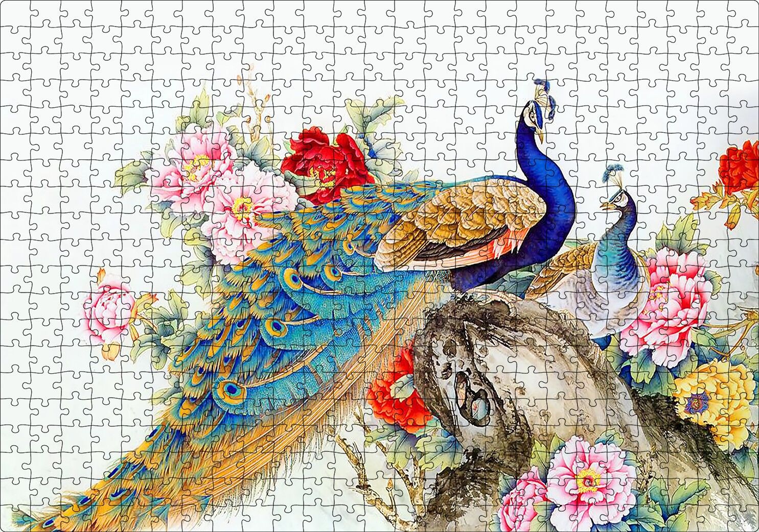 Tavuskuşları ve Çiçekler Dijital Çizim Puzzle Yapboz MDF Ahşap 500 Parça 49 cm X 68 cm