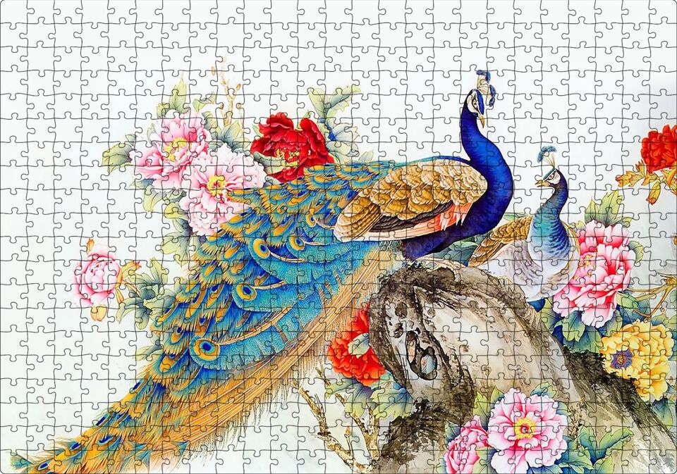 Tavuskuşları ve Çiçekler Dijital Çizim Puzzle Yapboz MDF Ahşap 500 Parça 49 cm X 68 cm