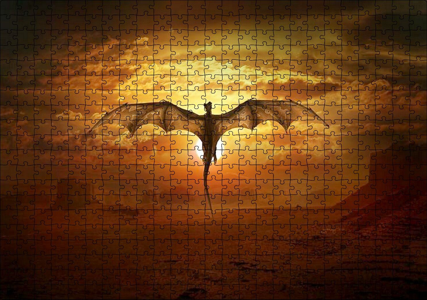 Günbatımında Uçan Efsanevi Ejderha Puzzle Yapboz MDF Ahşap 500 Parça 49 cm X 68 cm