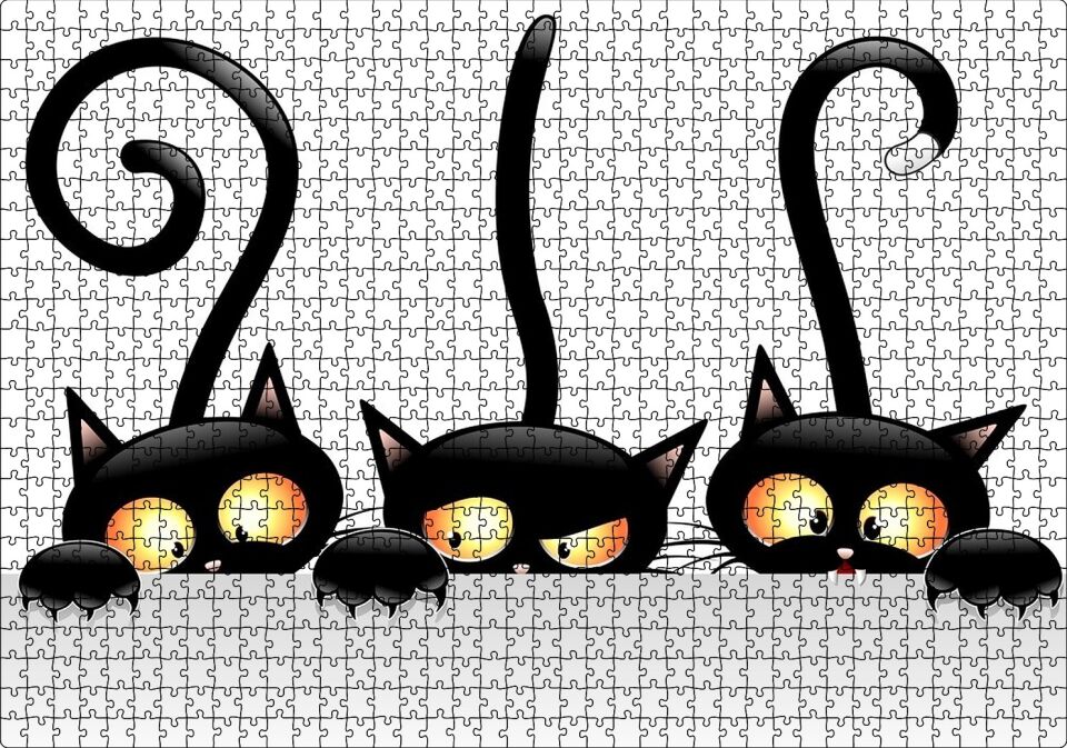 Komik Üç Kedi Görseli Puzzle Yapboz MDF Ahşap 1000 Parça 49 cm X 68 cm
