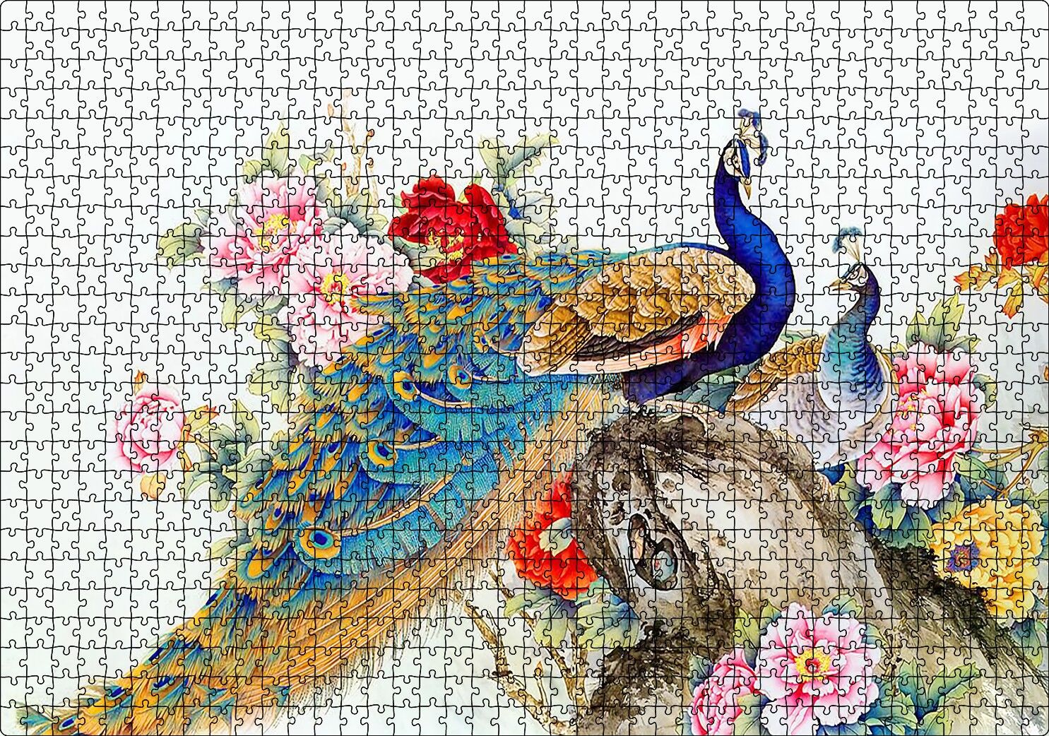 Tavuskuşları ve Çiçekler Dijital Çizim Puzzle Yapboz MDF Ahşap 1000 Parça 49 cm X 68 cm