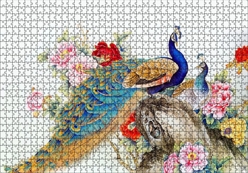 Tavuskuşları ve Çiçekler Dijital Çizim Puzzle Yapboz MDF Ahşap 1000 Parça 49 cm X 68 cm