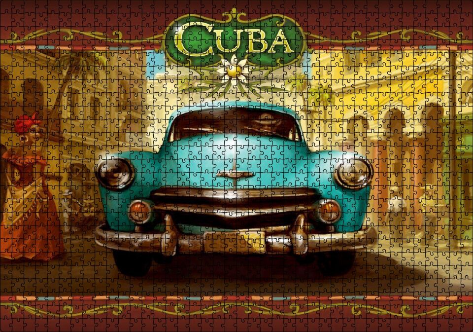 Küba Sokaklarında Klasik Yeşil Araç Puzzle Yapboz MDF Ahşap 1000 Parça 49 cm X 68 cm