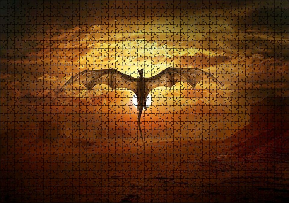 Günbatımında Uçan Efsanevi Ejderha Puzzle Yapboz MDF Ahşap 1000 Parça 49 cm X 68 cm