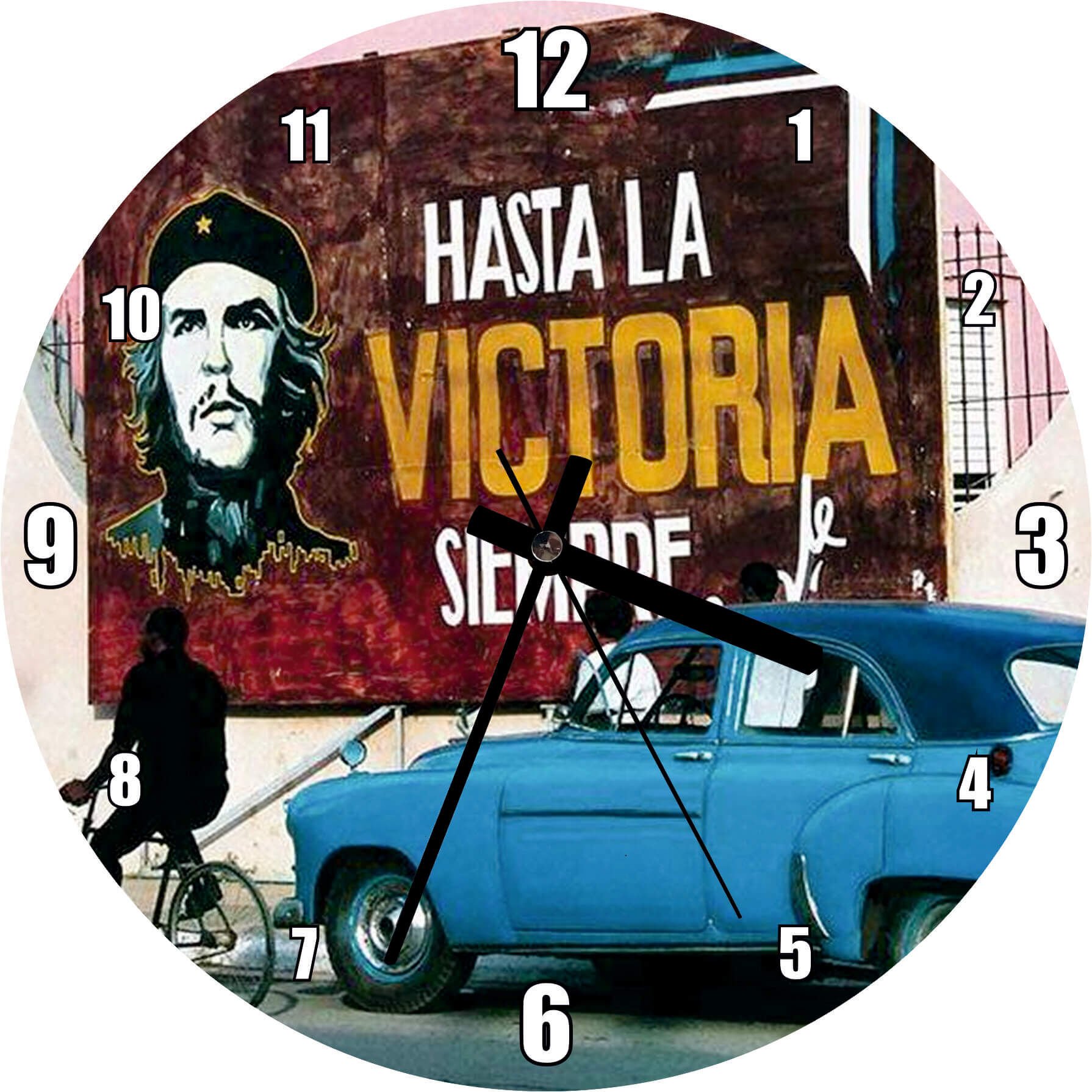 Küba'da Che Guevara Duvar Boyama ve Mavi Klasik Araba Mdf Ahşap Duvar Saati