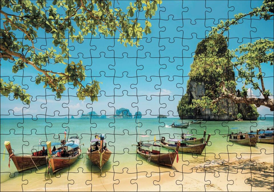 Tayland Krabi Sahilinde Kayıklar Puzzle Yapboz MDF Ahşap 120 Parça 24 cm X 34 cm