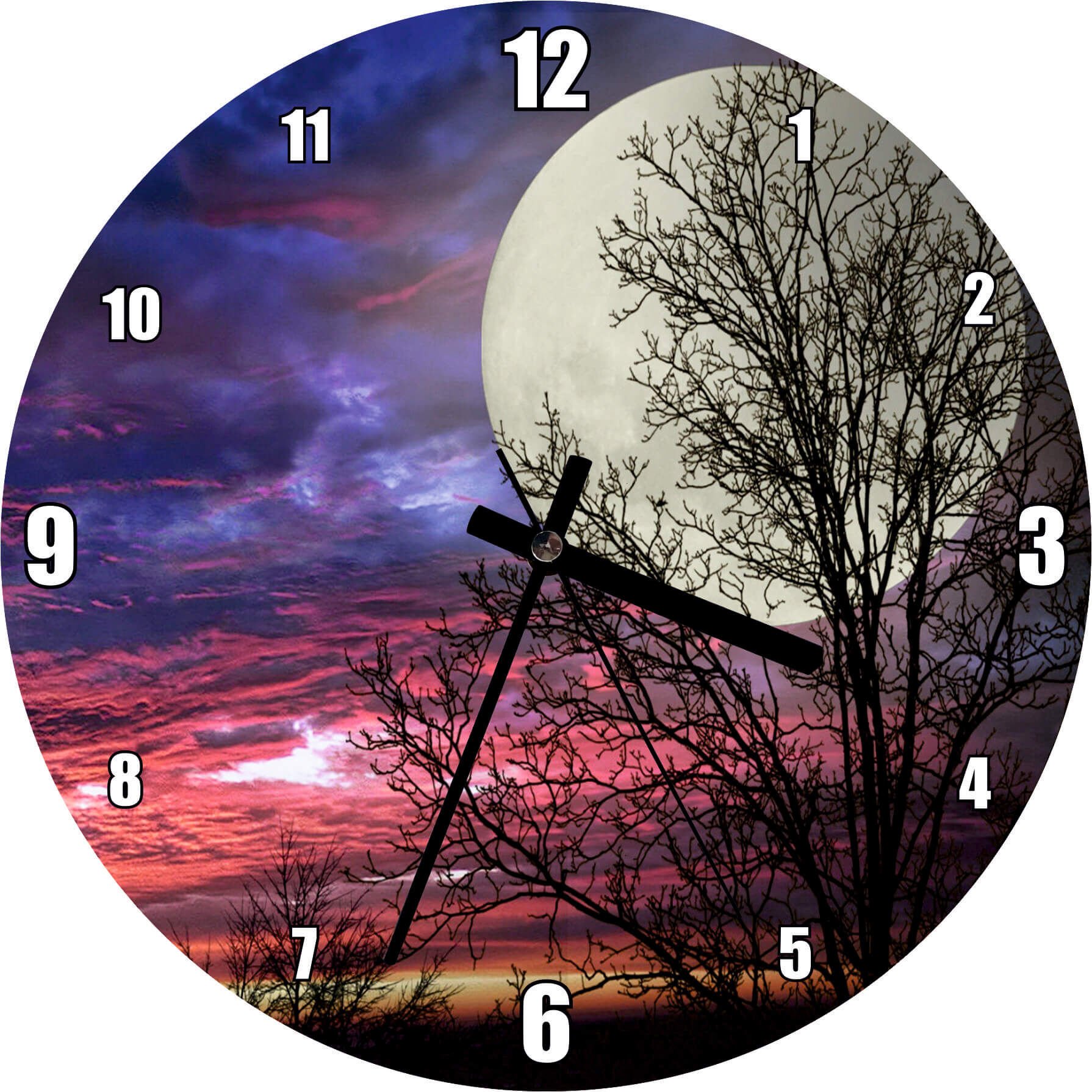Kızıl Bulutlu Gökler, Çıplak Ağaçlar ve Süper Ay Mdf Ahşap Duvar Saati