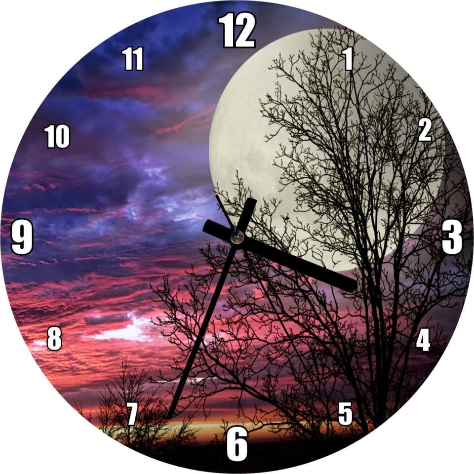 Kızıl Bulutlu Gökler, Çıplak Ağaçlar ve Süper Ay Mdf Ahşap Duvar Saati