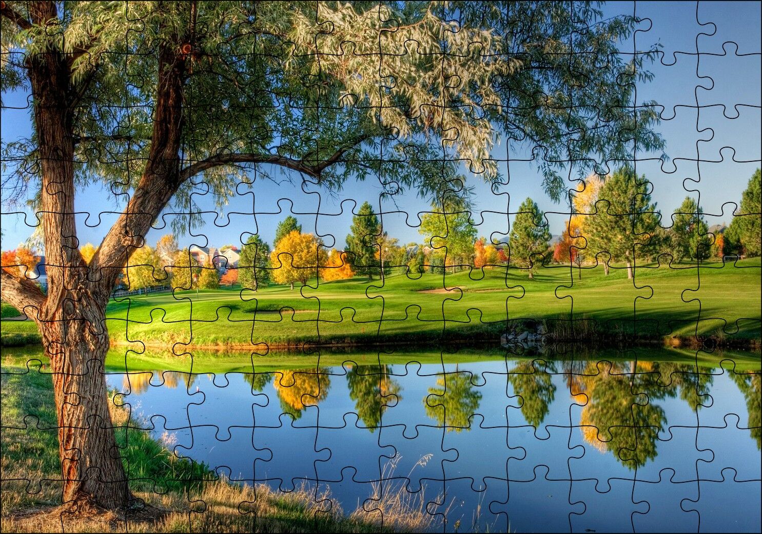 Yeşil Çayırlar Durgun Göl ve Söğüt Ağacı Puzzle Yapboz MDF Ahşap