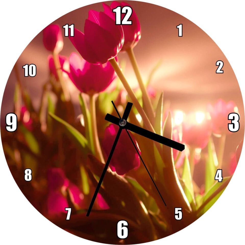 Kırmızı Laleler ve Güneş Işıkları Mdf Ahşap Duvar Saati