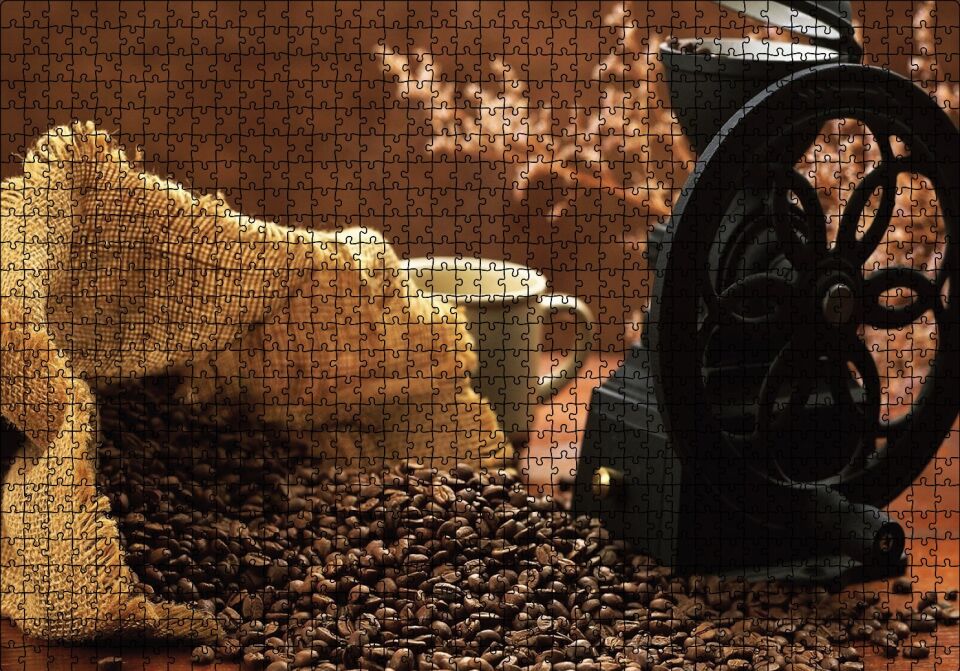 Kahve Kahve Çekme Makinesı Puzzle Yapboz MDF Ahşap 1000 Parça 49 cm X 68 cm