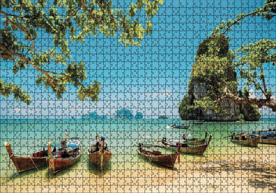 Tayland Krabi Sahilinde Kayıklar Puzzle Yapboz MDF Ahşap 1000 Parça 49 cm X 68 cm