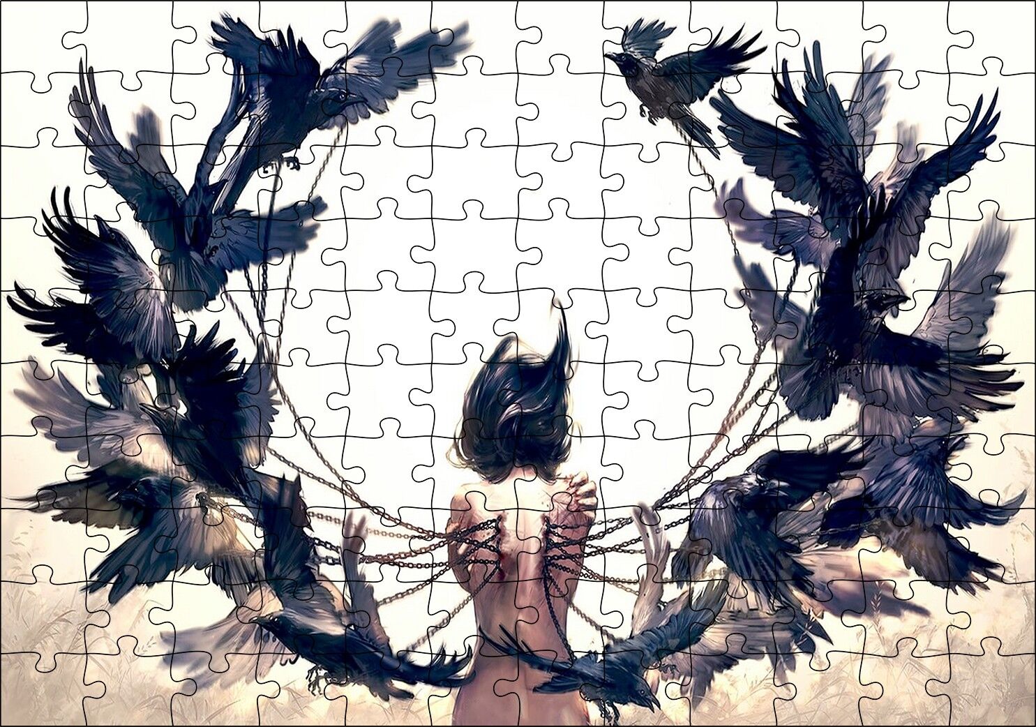 Çıplak Kadın ve Zincirli Kargalar Puzzle Yapboz MDF Ahşap 120 Parça 24 cm X 34 cm