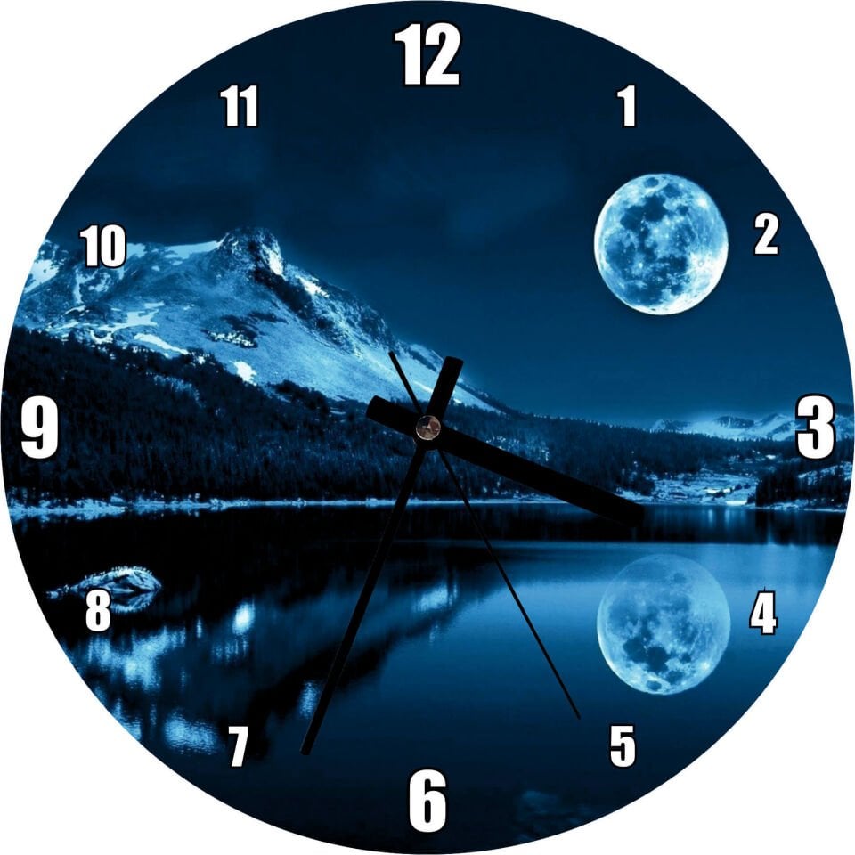 Karlı Dağ, Orman, Göl ve Süper Ay Mdf Ahşap Duvar Saati