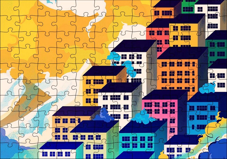 Renkli Gökdelenler ve Bulutlar Puzzle Yapboz MDF Ahşap