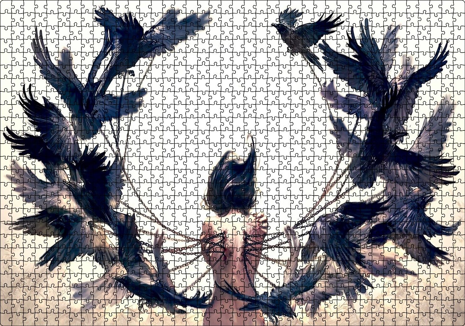 Çıplak Kadın ve Zincirli Kargalar Puzzle Yapboz MDF Ahşap 1000 Parça 49 cm X 68 cm