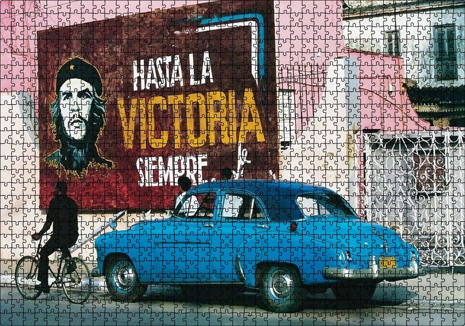 Küba'da Che Guevara Duvar Boyama ve Mavi Klasik Araba Puzzle Yapboz MDF Ahşap 1000 Parça 49 cm X 68 cm