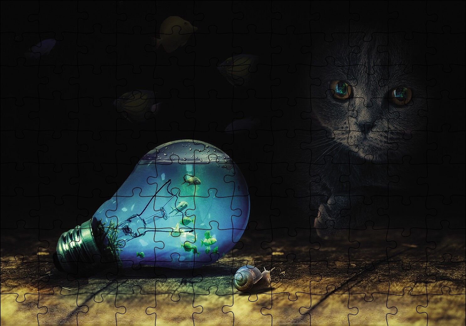 Ampul Balıklar Kedi Mavi Salyangoz Puzzle Yapboz MDF Ahşap 120 Parça 24 cm X 34 cm