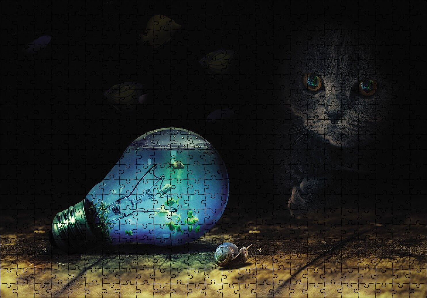 Ampul Balıklar Kedi Mavi Salyangoz Puzzle Yapboz MDF Ahşap 500 Parça 49 cm X 68 cm