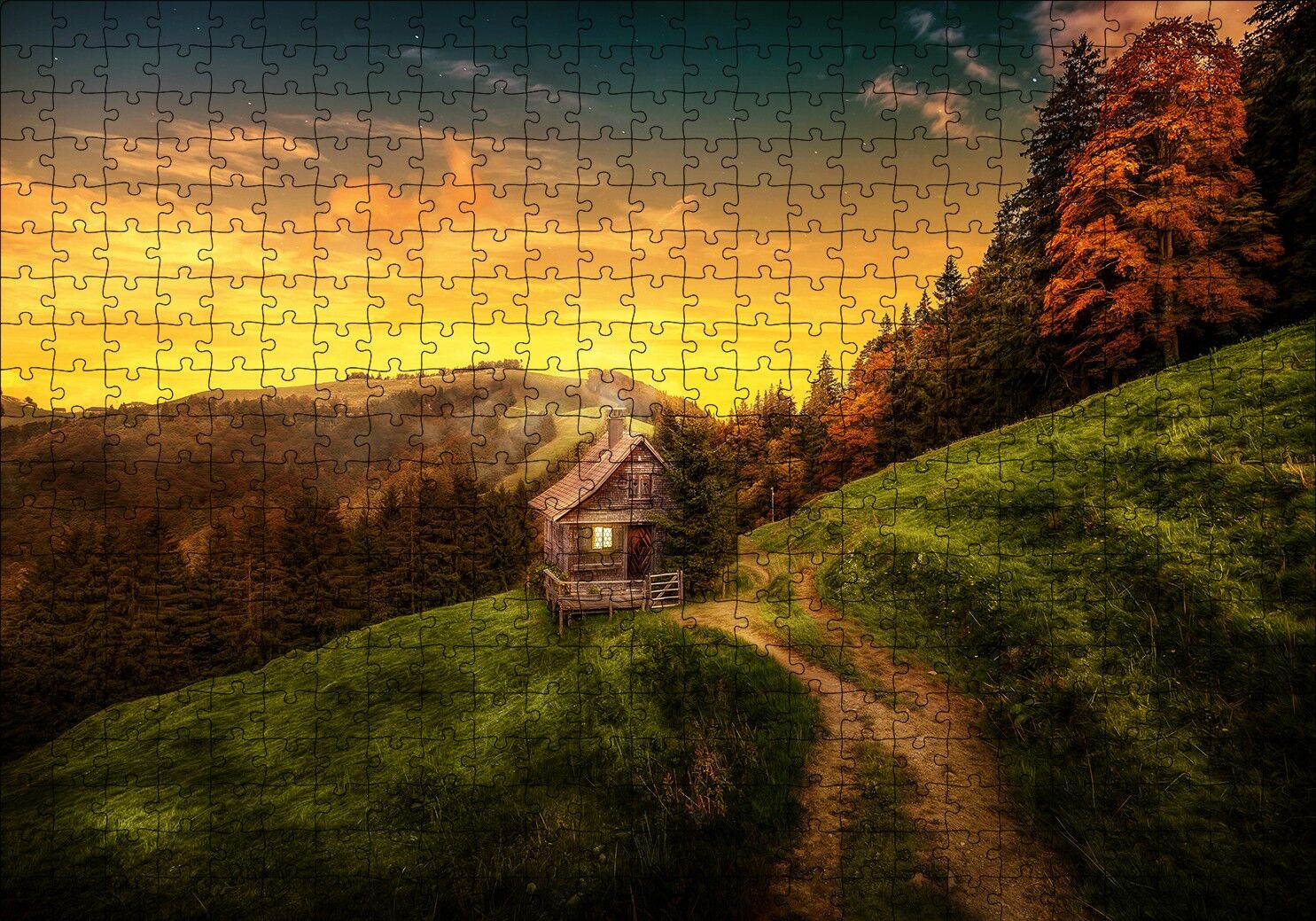 İsviçre Orman Manzaralı Dağ Evi Puzzle Yapboz MDF Ahşap 500 Parça 49 cm X 68 cm