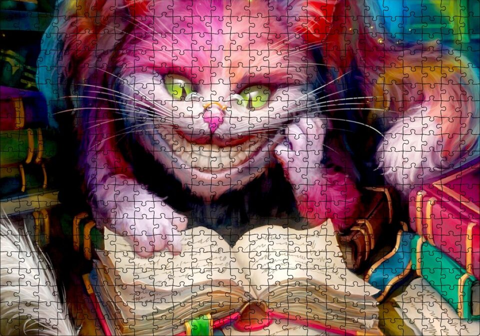 Gülümseyen Kedi Alice Harikalar Diyarı Görsel Puzzle Yapboz MDF Ahşap 500 Parça 49 cm X 68 cm