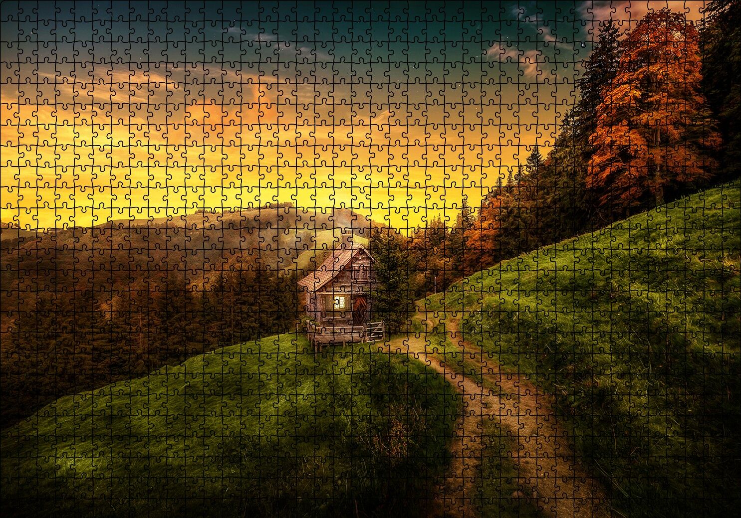 İsviçre Orman Manzaralı Dağ Evi Puzzle Yapboz MDF Ahşap 1000 Parça 49 cm X 68 cm