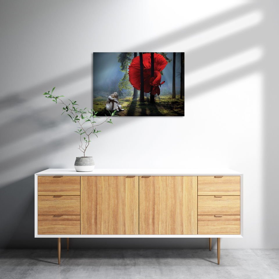 Ormanda Kırmızı Balık Kız Fantastik MDF Akşap Duvar Tablo