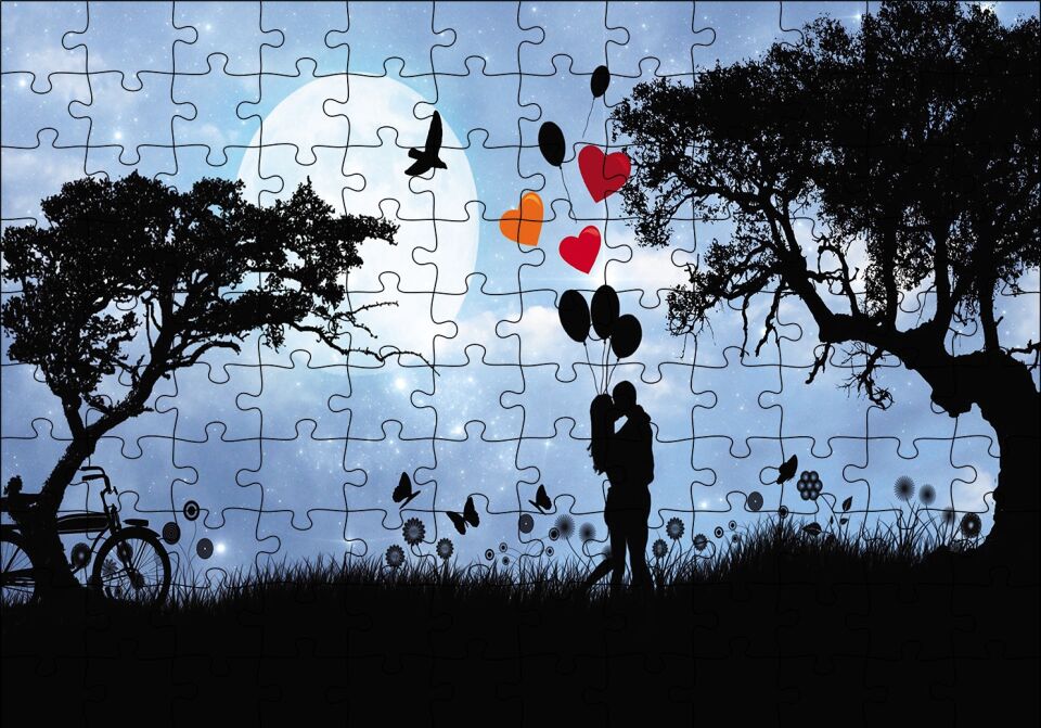 Sevgililer Doğa Balon Kalp Puzzle Yapboz MDF Ahşap 120 Parça 24 cm X 34 cm