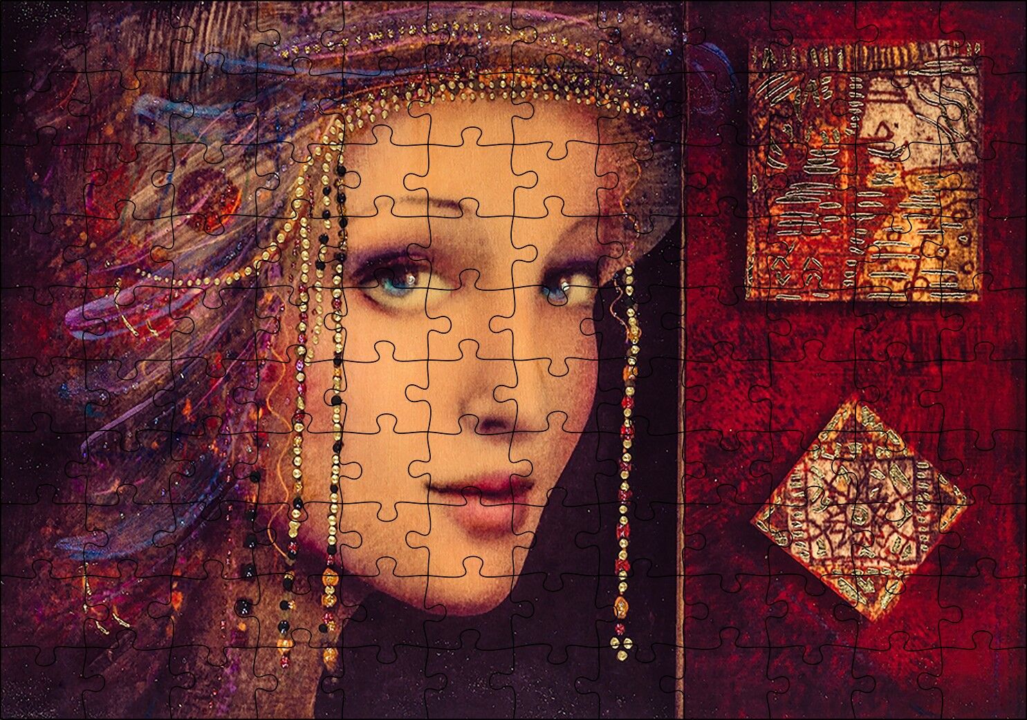 Boncuk Örmeli Kadın Figürü Görseli Puzzle Yapboz MDF Ahşap 120 Parça 24 cm X 34 cm