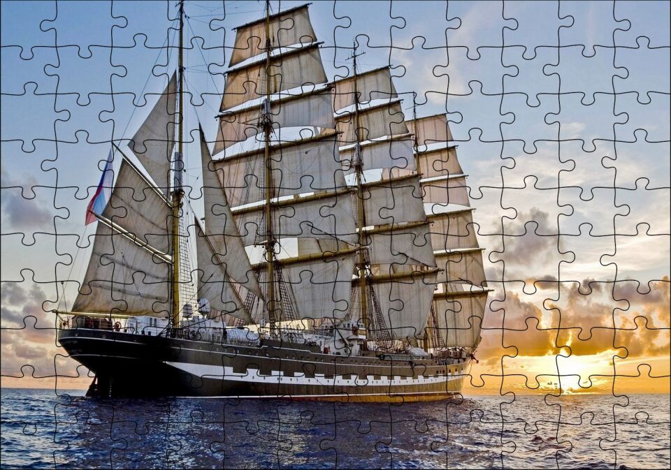 Gün Batımında Yelkenli Gemi Puzzle Yapboz MDF Ahşap 120 Parça 24 cm X 34 cm