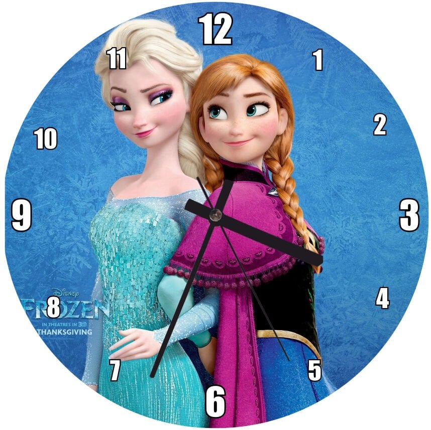 Frozen Elsa Ve Anna Görseli Mdf Ahşap Duvar Saati 30 cm Çap