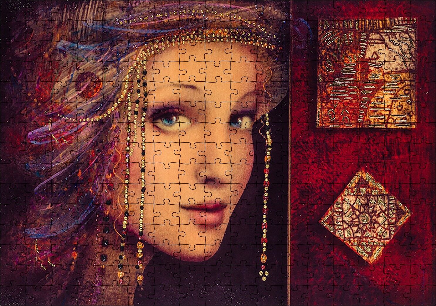 Boncuk Örmeli Kadın Figürü Görseli Puzzle Yapboz MDF Ahşap 255 Parça 34 cm X 49 cm