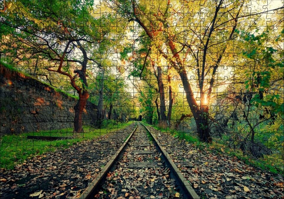 Ormanın İçinden Geçen Trenyolu ve Güneş Işıkları Puzzle Yapboz MDF Ahşap 255 Parça 34 cm X 49 cm