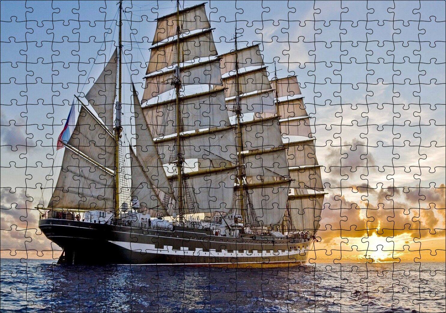 Gün Batımında Yelkenli Gemi Puzzle Yapboz MDF Ahşap 255 Parça 34 cm X 49 cm