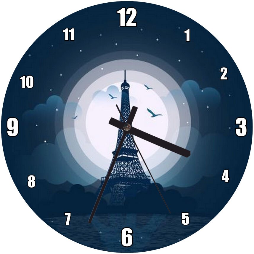 Gece Paris Eyfel Kulesi Çizimi Mdf Ahşap Duvar Saati 30 cm Çap
