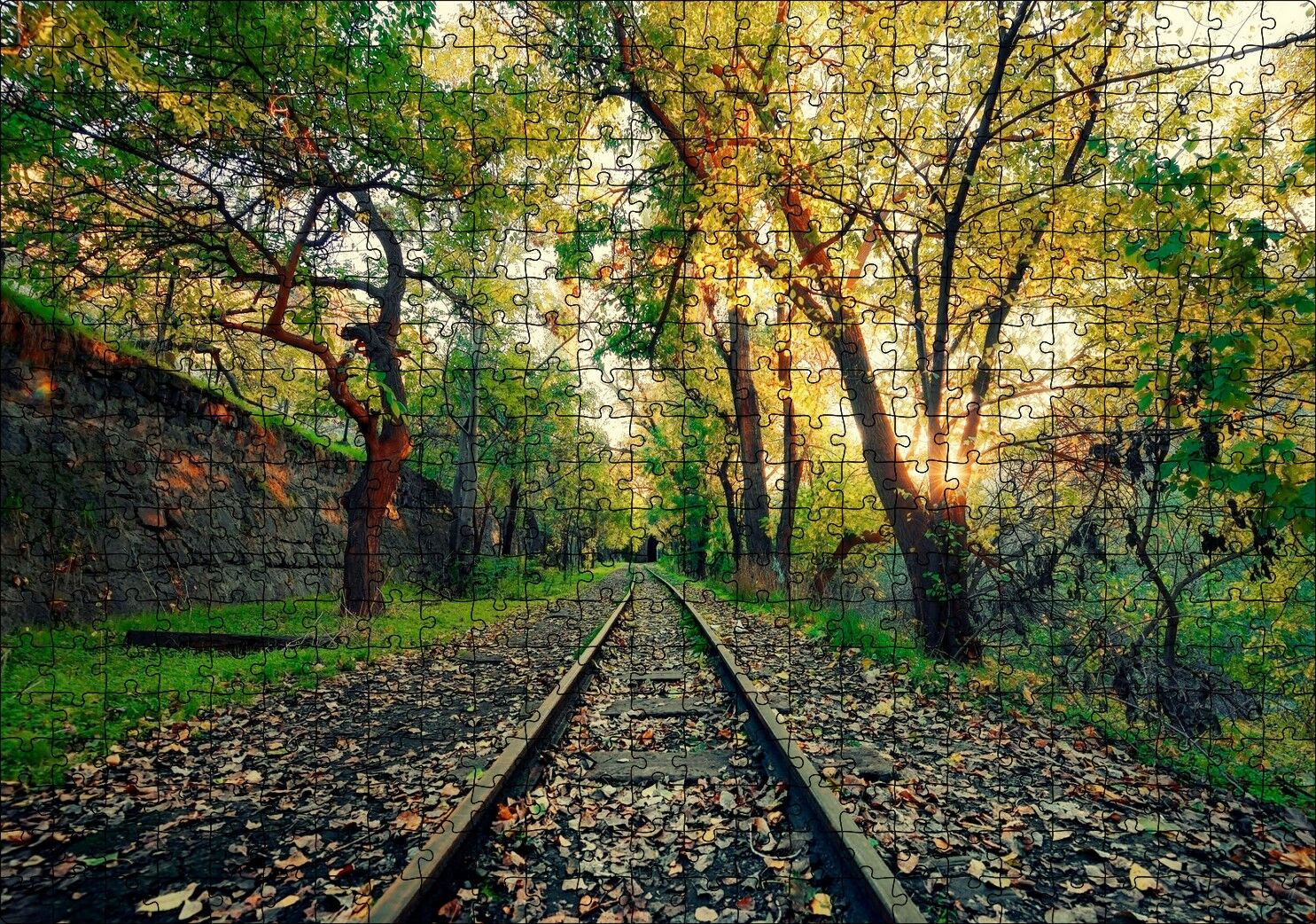 Ormanın İçinden Geçen Trenyolu ve Güneş Işıkları Puzzle Yapboz MDF Ahşap 500 Parça 49 cm X 68 cm