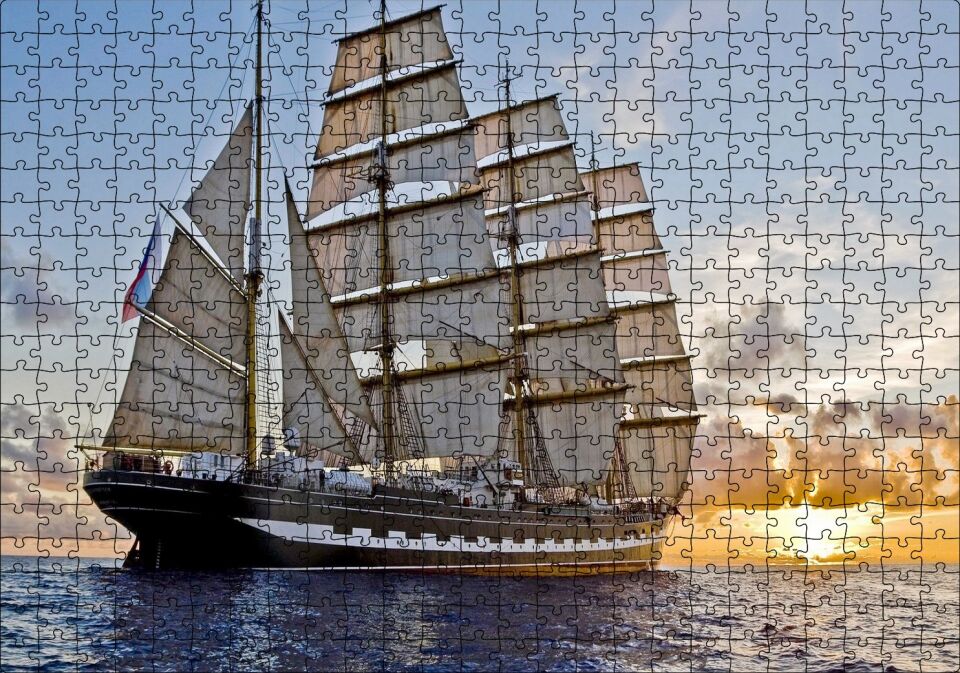 Gün Batımında Yelkenli Gemi Puzzle Yapboz MDF Ahşap 500 Parça 49 cm X 68 cm