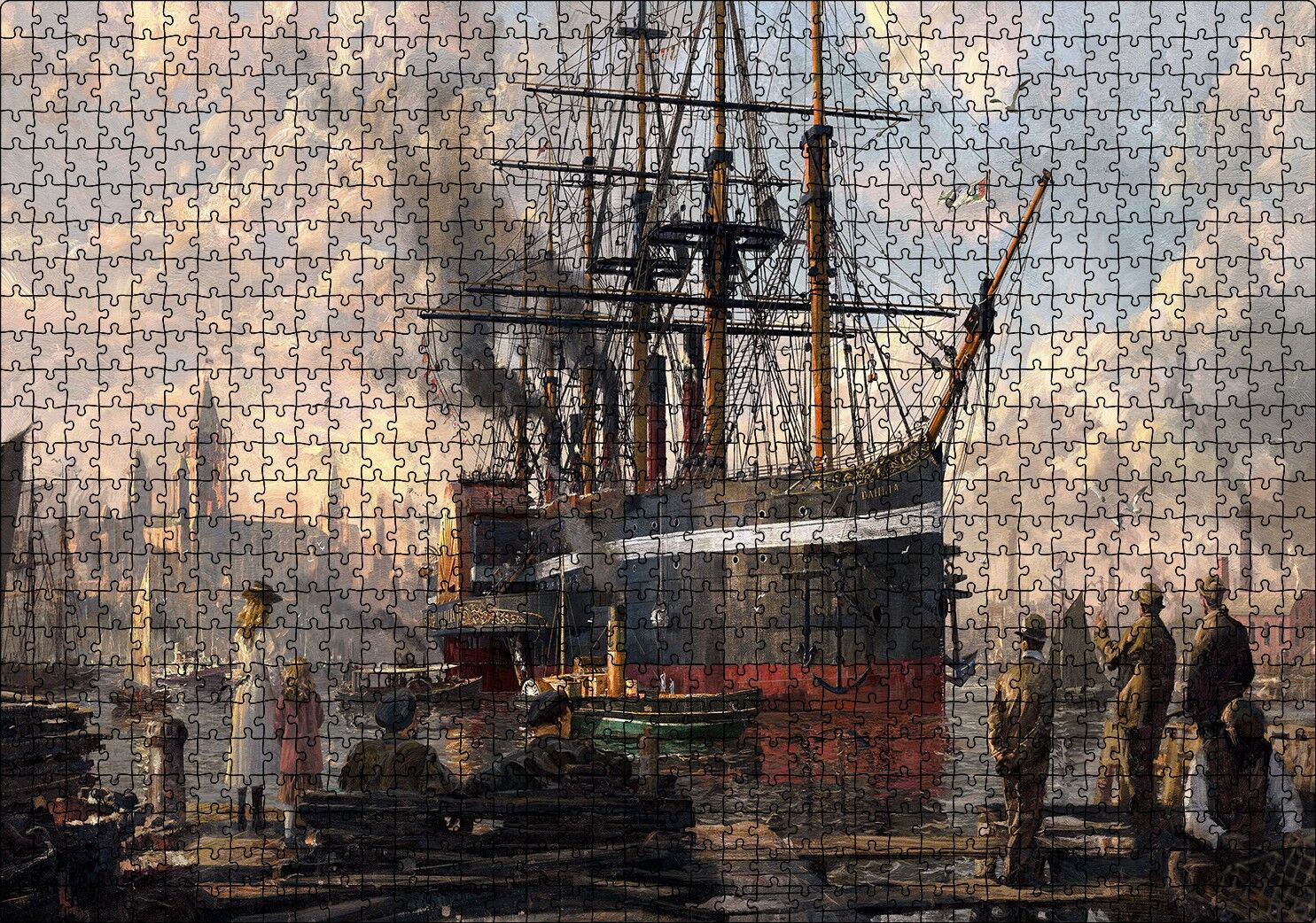 1800 Yılı Liman Gemi Yolcular Yağlı Boya Resmi Puzzle Yapboz MDF Ahşap 1000 Parça 49 cm X 68 cm