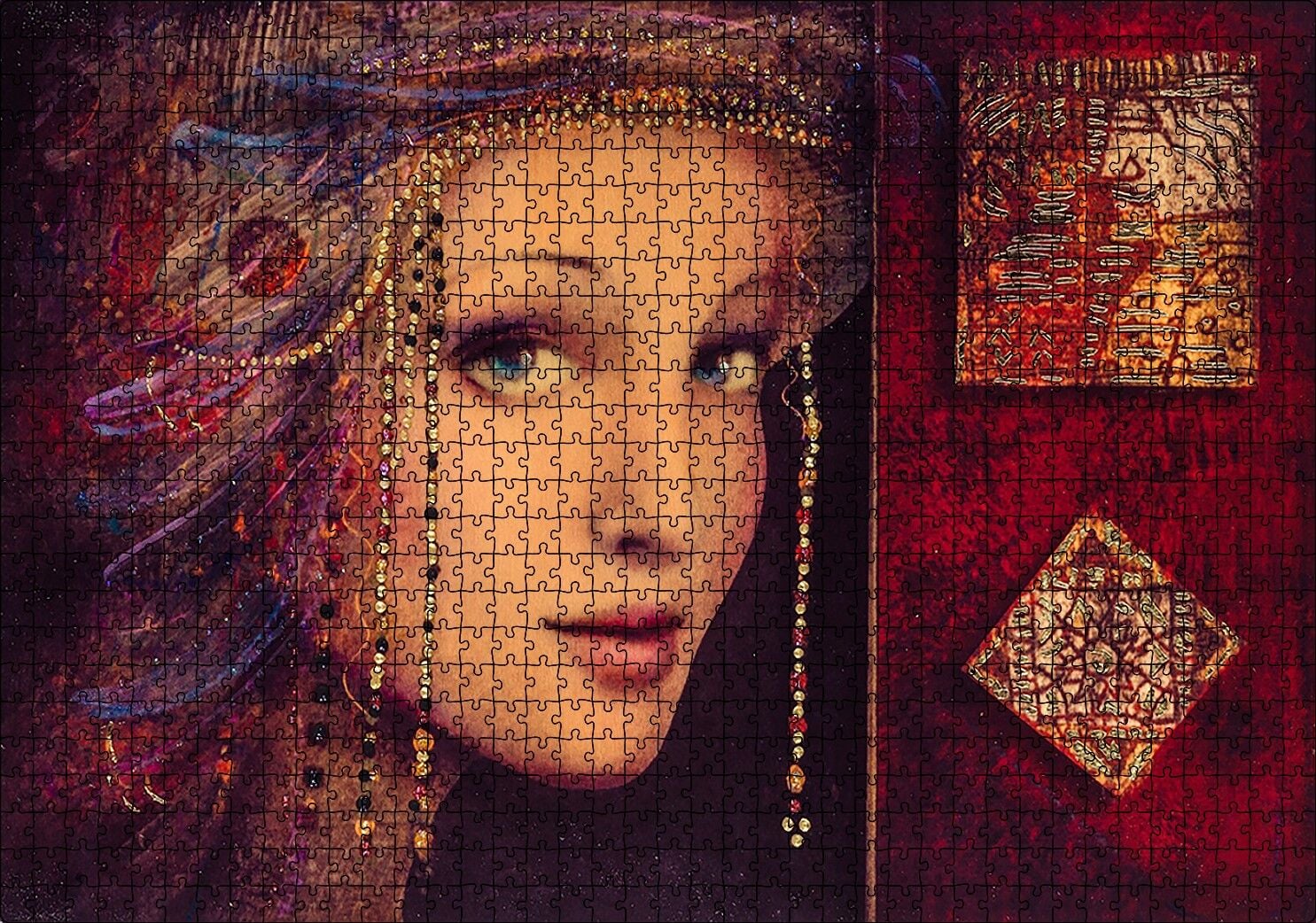 Boncuk Örmeli Kadın Figürü Görseli Puzzle Yapboz MDF Ahşap 1000 Parça 49 cm X 68 cm