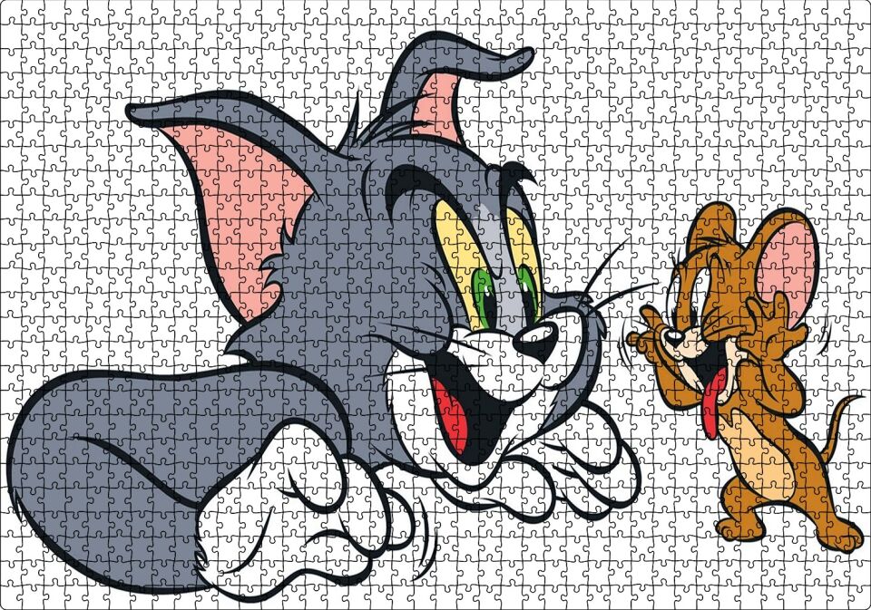 Tom ve Jerry Beyaz Arka Plan Puzzle Yapboz MDF Ahşap 1000 Parça 49 cm X 68 cm