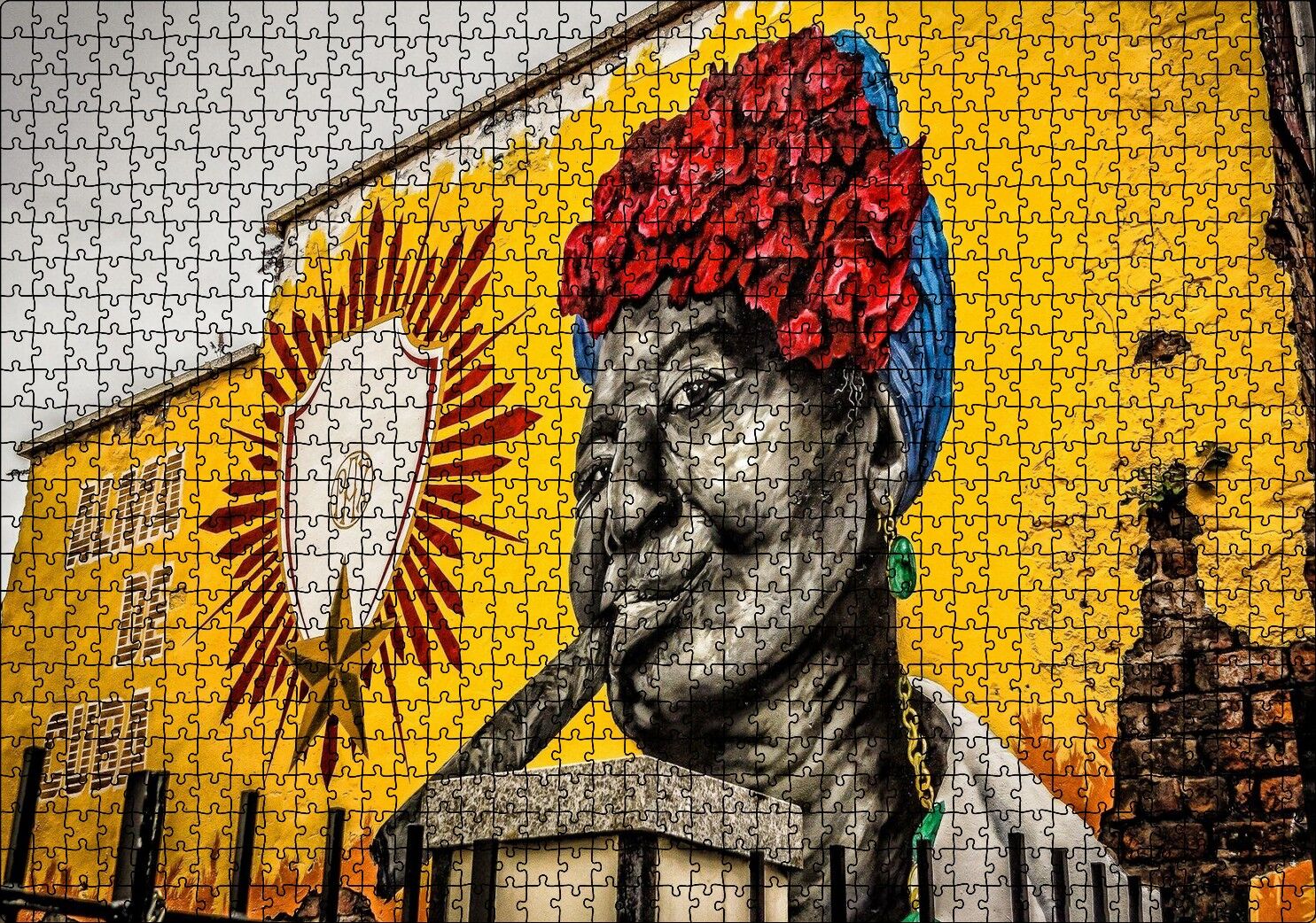 Küba'da Sarı Renkli Duvar ve Puro İçen Kadın Puzzle Yapboz MDF Ahşap 1000 Parça 49 cm X 68 cm