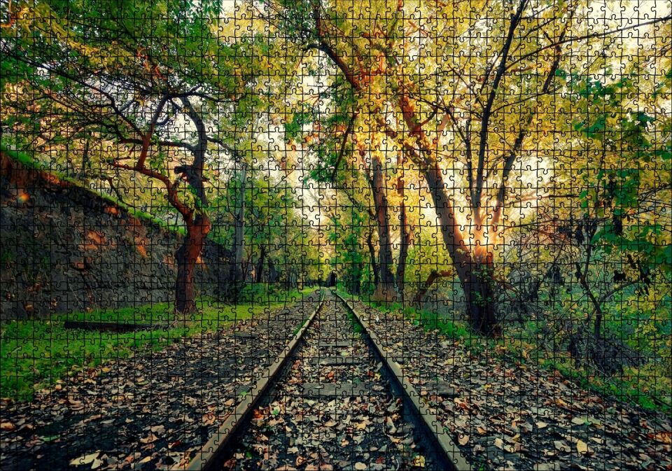 Ormanın İçinden Geçen Trenyolu ve Güneş Işıkları Puzzle Yapboz MDF Ahşap 1000 Parça 49 cm X 68 cm