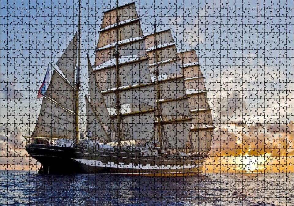 Gün Batımında Yelkenli Gemi Puzzle Yapboz MDF Ahşap 1000 Parça 49 cm X 68 cm