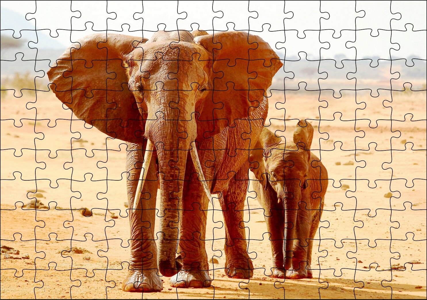 Afrika Savanada Anne Fil ve Yavrusu Puzzle Yapboz MDF Ahşap
