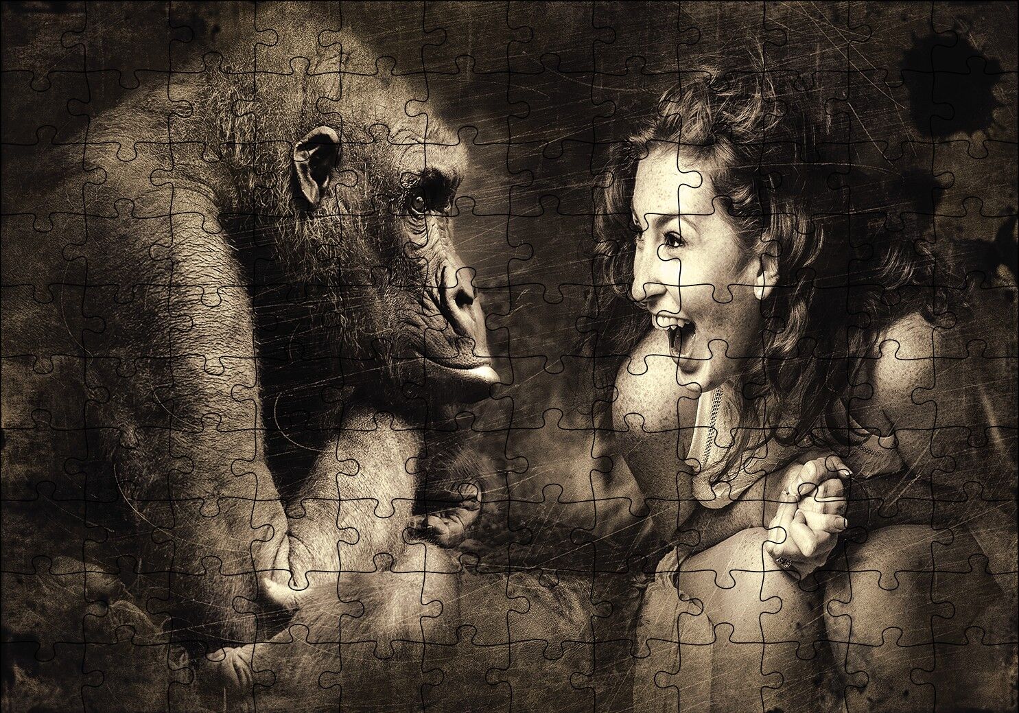 Maymun ve Gülümseyen kKadın Puzzle Yapboz MDF Ahşap