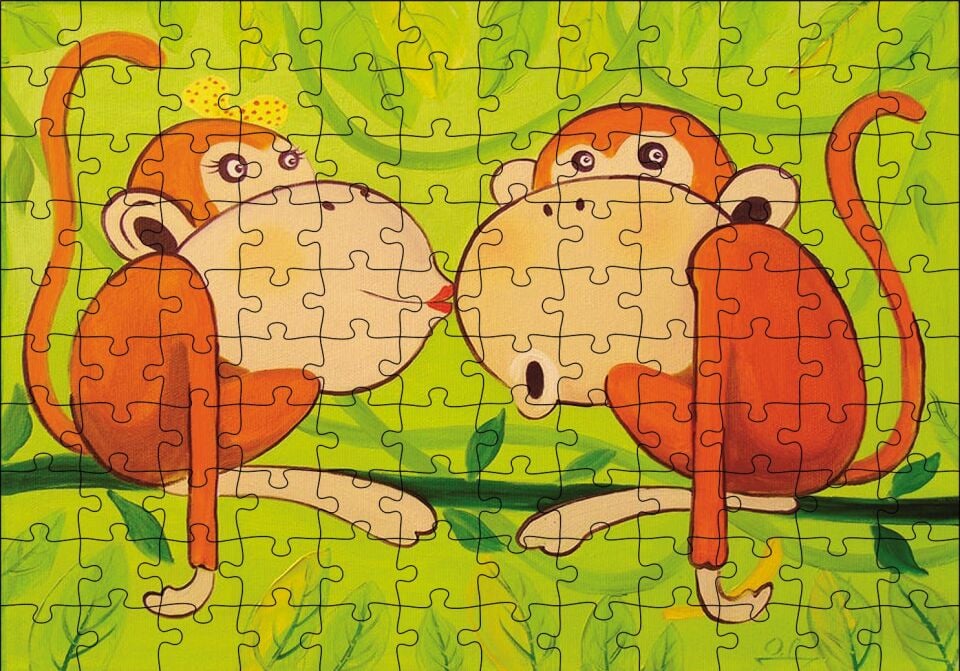 Maymunlar Aşk Öpücüğü Puzzle Yapboz MDF Ahşap